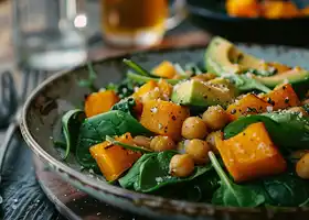 Roasted Butternut Squash & Chickpea Salad with Spinach & Avocado recipe
