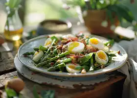 Asparagus, Egg & Pancetta Salad with Pecans & Honey Mustard Dressing recipe