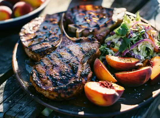 Stashcook | Grilled Pork Chops with Peaches and Tangy Slaw