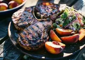 Grilled Pork Chops with Peaches and Tangy Slaw recipe
