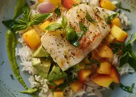 Pan-Seared Cod with Peach-Avocado Salsa & Jasmine Rice recipe