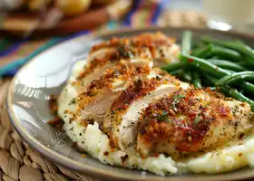 Herb-Crusted Chicken with Buttery Mashed Potatoes & Green Beans recipe