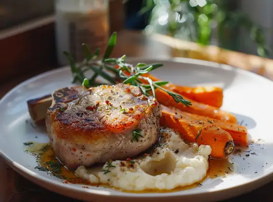 Stashcook | Herb-Crusted Pork Chops with Honey-Glazed Carrots & Garlic Mashed Cauliflower