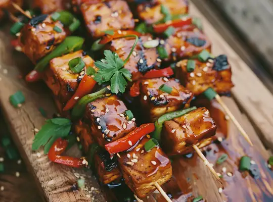 Stashcook | Sweet and Spicy Glazed Tofu and Bell Pepper Skewers