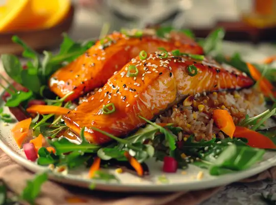 Stashcook | Baked Honey-Soy Glazed Salmon with Brown Rice &amp; Mixed Greens