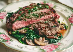 Peppered Ribeye with Garlic Spinach-Mushroom Cream recipe