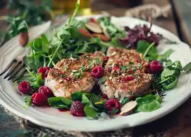 Herb-Crusted Pork Chops with Raspberry Sauce & Mixed Greens recipe