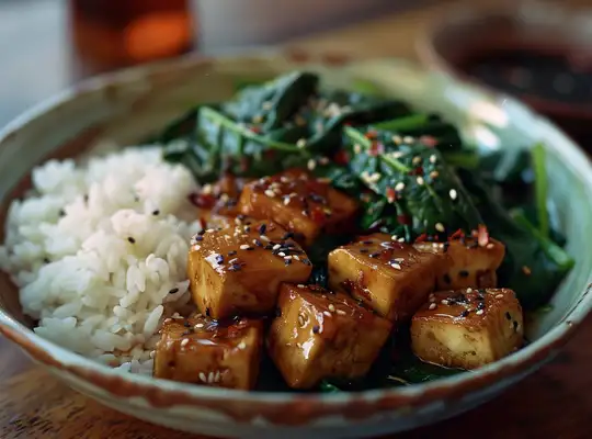 Stashcook | Honey Glazed Tofu with Ginger Stir-Fried Spinach &amp; Jasmine Rice