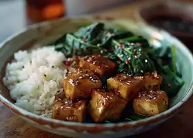 Honey Glazed Tofu with Ginger Stir-Fried Spinach & Jasmine Rice recipe