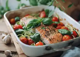 Baked Salmon with Zucchini Noodles and Cherry Tomatoes recipe