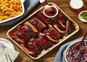 BBQ Baby Back Ribs & Cheesy Buffalo Mac with Buttermilk Ranch Slaw recipe