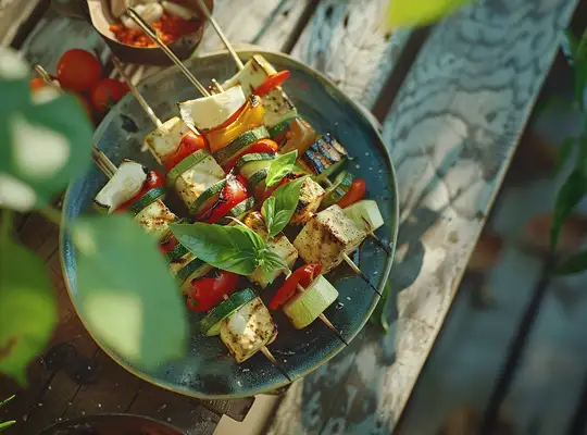 Stashcook | Grilled Zucchini and Bell Pepper Skewers with Basil Oil