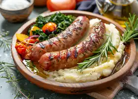 Herbed Sausage with Garlic Mashed Potatoes and Balsamic Kale recipe