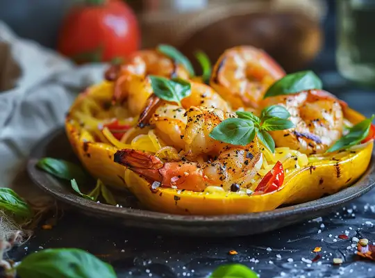 Stashcook | Cajun Shrimp with Cream Sauce and Roasted Spaghetti Squash