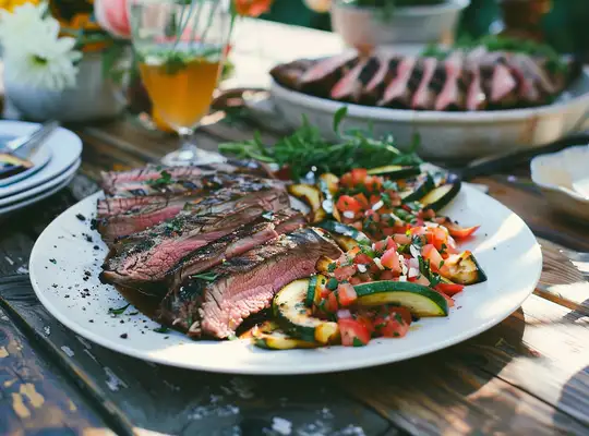 Stashcook | Grilled Flank Steak with Nectarine Salsa and Zucchini Fries