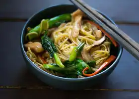 Chicken Chow Mein with Chinese Broccoli and Mushrooms recipe