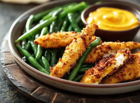Stashcook | Crispy Chicken Strips with Spicy Mustard Dip & Garlic Green Beans