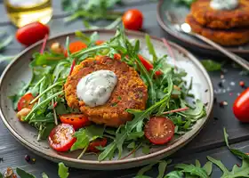 Chickpea Patties with Creamy Garlic Sauce & Arugula Salad recipe