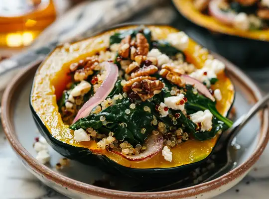 Stashcook | Baked Acorn Squash with Quinoa & Spinach Salad