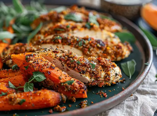 Stashcook | Herbed Chicken Strips with Roasted Carrots & Spicy Mustard Sauce