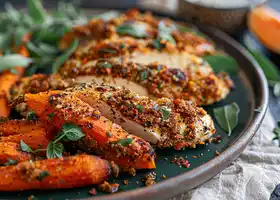 Herbed Chicken Strips with Roasted Carrots & Spicy Mustard Sauce recipe