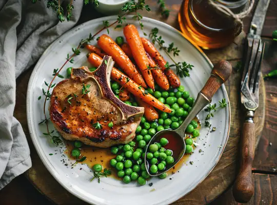 Stashcook | Pan-Seared Pork Chops with Balsamic Glazed Carrots & Peas