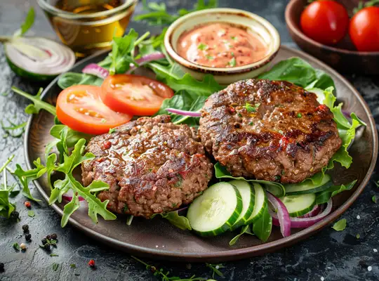 Stashcook | Herbed Beef Patties with Spicy Mayo & Mixed Greens