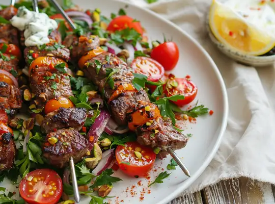 Stashcook | Spiced Beef Skewers with Tomato Salad