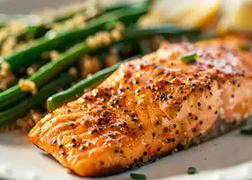 Oven-Roasted Honey Mustard Salmon with Garlic Green Beans and Quinoa recipe