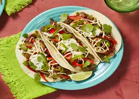 Southwestern Beef Tacos with Bell Pepper, Lime Crema, and Pepper Jack Cheese recipe