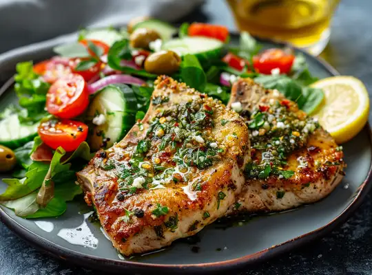 Stashcook | Herb-Crusted Pork Chops with Mediterranean Salad