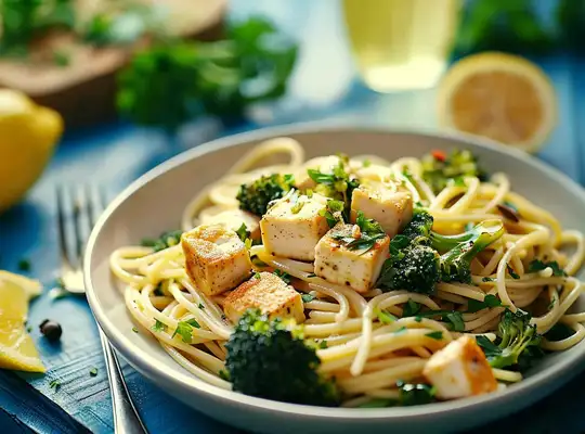 Stashcook | Lemon-Garlic Linguine with Seared Tofu and Broccoli