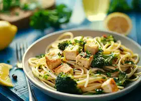 Lemon-Garlic Linguine with Seared Tofu and Broccoli recipe