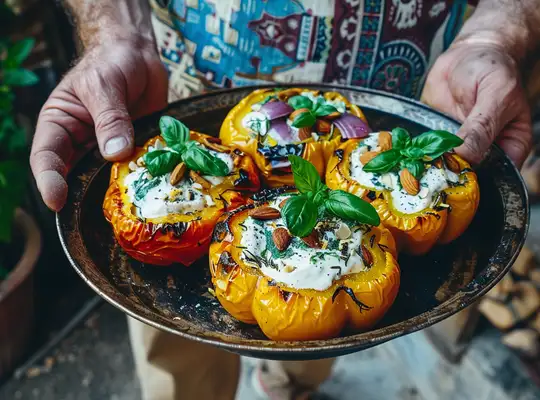 Stashcook | Baked Bell Peppers with Herbed Yogurt and Almonds
