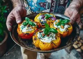 Baked Bell Peppers with Herbed Yogurt and Almonds recipe