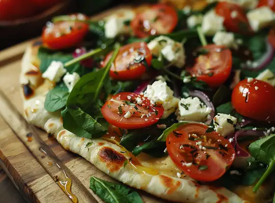 Stashcook | Cherry Tomato, Spinach & Feta Flatbread with Mixed Greens