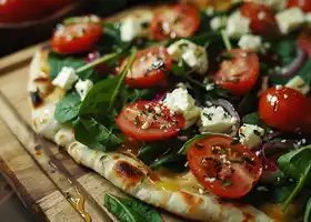 Cherry Tomato, Spinach & Feta Flatbread with Mixed Greens recipe