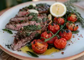 Herb-Crusted Steak with Charred Cherry Tomatoes and Garlic recipe
