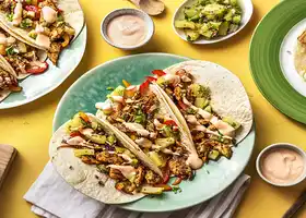 One-Pan Tropical Chicken Tacos with Pineapple-Kiwi Salsa and Lime Crema recipe