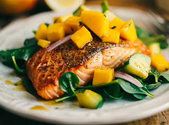 Stashcook | Pan-Seared Salmon with Mango-Cucumber Salsa & Spinach Salad