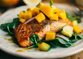 Pan-Seared Salmon with Mango-Cucumber Salsa & Spinach Salad recipe