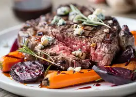 Grilled Ribeye with Balsamic Roasted Vegetables and Blue Cheese recipe