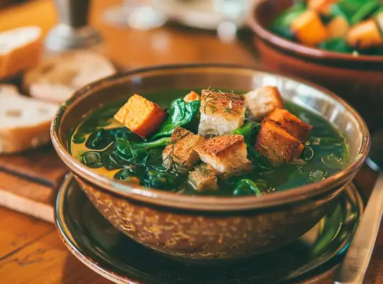 Hearty Spinach, Navy Bean & Sweet Potato Soup with Rosemary Croutons