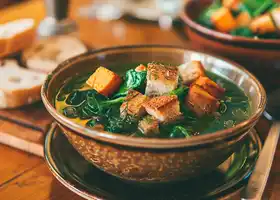 Hearty Spinach, Navy Bean & Sweet Potato Soup with Rosemary Croutons recipe