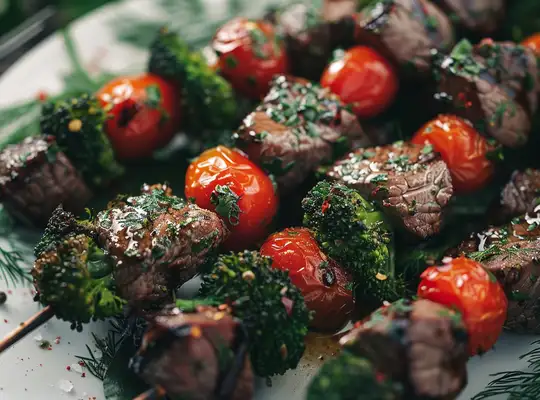 Stashcook | Herb-Marinated Beef and Cherry Tomato Skewers with Garlic Broccoli