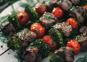 Herb-Marinated Beef and Cherry Tomato Skewers with Garlic Broccoli recipe