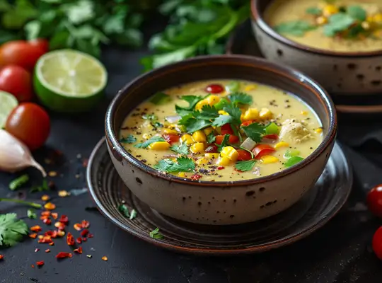 Stashcook | Creamy Avocado Chicken Soup with Corn and Bell Pepper