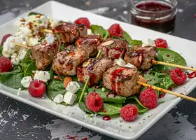 Grilled Pork Kebabs with Raspberry Chipotle Sauce & Goat Cheese Salad recipe
