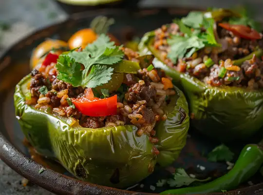 Stashcook | Beef and Rice Stuffed Bell Peppers with Mixed Greens
