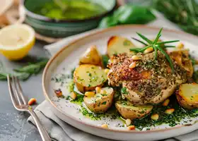 Herb-Crusted Chicken Thighs with Garlic Potatoes and Green Sauce recipe